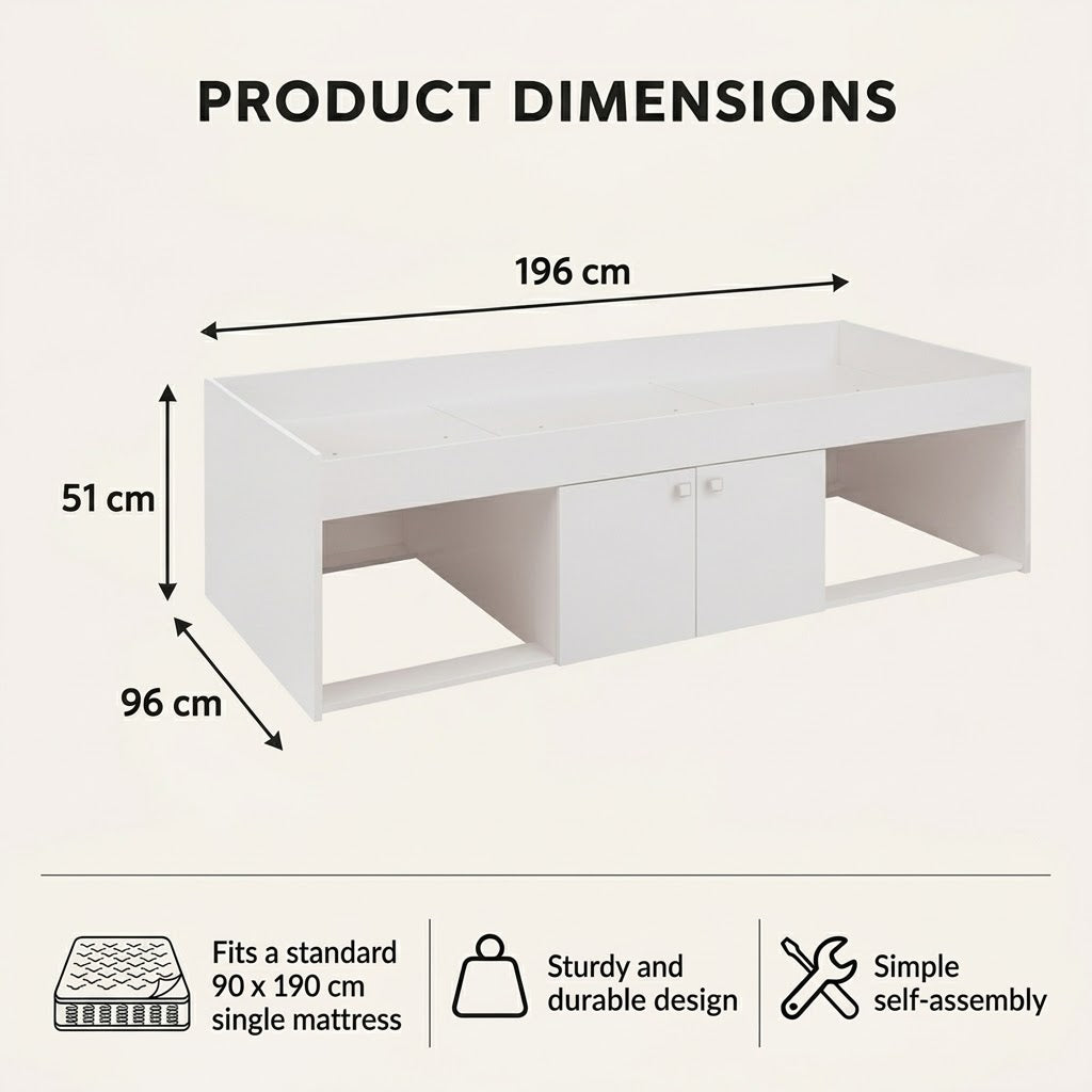 White Low Single Cabin Bed with Storage - Kidsaw dimensions